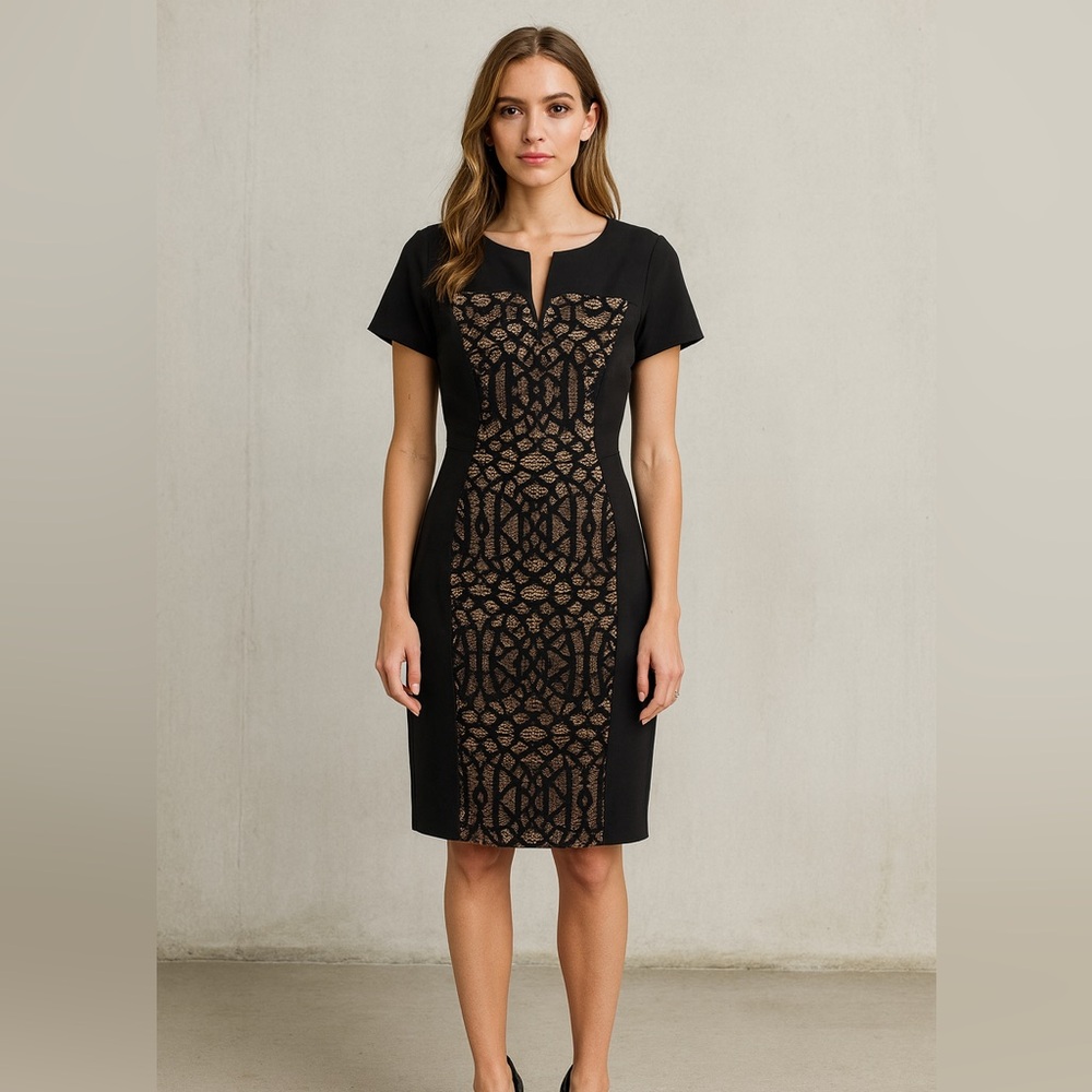 Dressbarn Collection Midi Dress Womens Size‎ 20 Black Lace Overlay Lined Casual